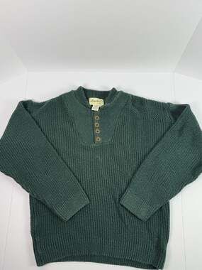 Vintage Eddie Bauer Mens Small Green Ribbed Henley Sweater Made in USA Cotton
